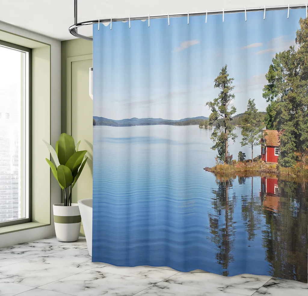 ABAKUHAUS Tenda da doccia paesaggistica, foto Lakeside Acqua tranquilla e silenziosa e piccola casa di campagna tra gli alberi Pace, tessuto Set decorativo per bagno con ganci, 175x200 cm, multicolore