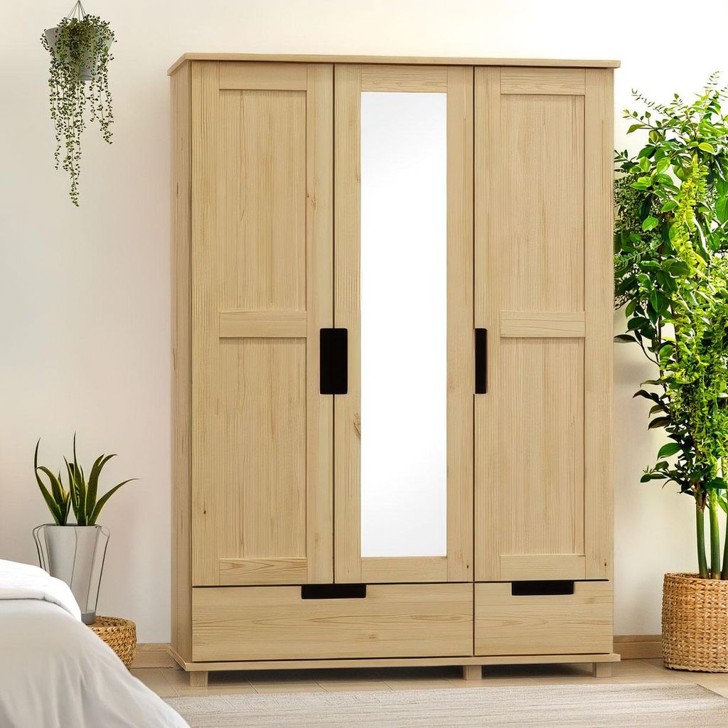 Kleiderschrank | 3 Drehtüren | 2 Schubladen | 4 Fächer | mit Kleiderstange | 120 cm breit | Massivholz | Farbe: Natur