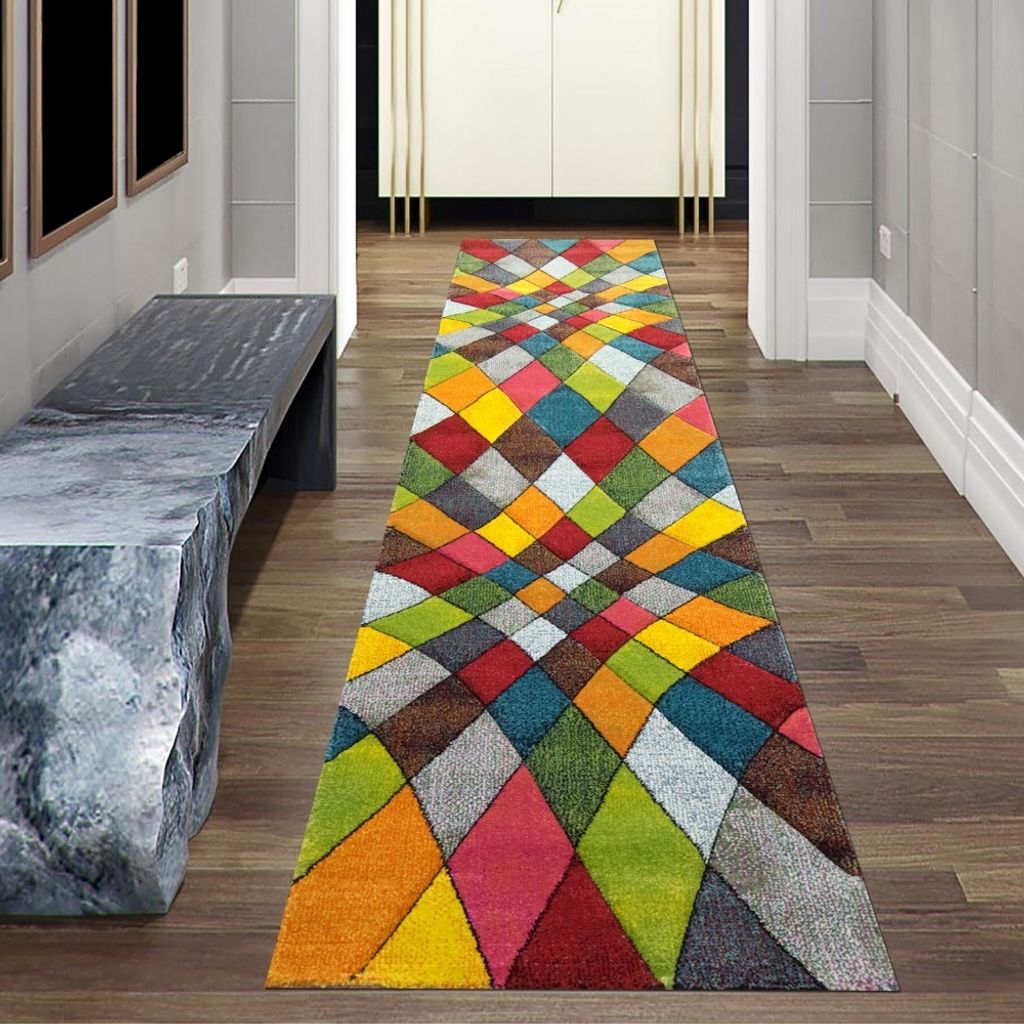 Moderner Teppich Wohnzimmer abstraktes Design buntes Rautenmuster grün gelb orange - pflegeleicht Größe - 80 x 300 cm