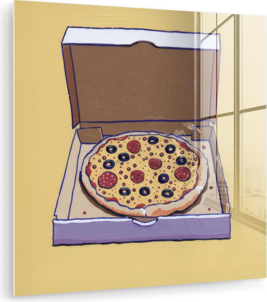 MuchoWow Glasbilder - Bilder auf Wandbild - Foto auf Glas Pizza - Schachtel - Salami - Illustration 20x20 cm Wanddekoration aus Glas - Acrylglasbil...