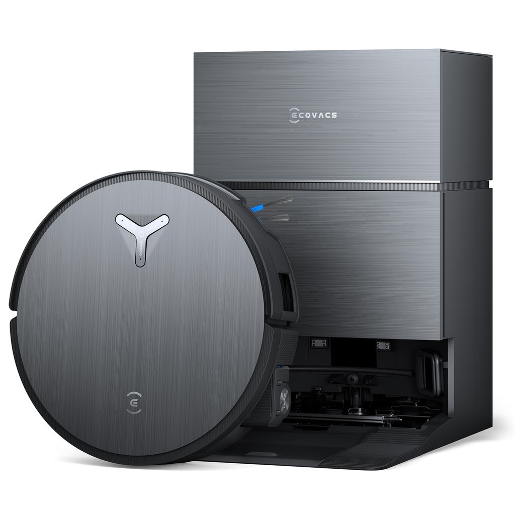 A robotic vacuum cleaner and its charging/emptying station are shown against a white background.