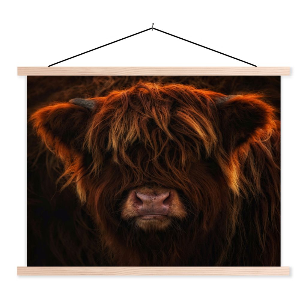 MuchoWow Textilposter Schottischer Highlander - Kuh - Schwarz - Porträt 60x45 cm mit holzfarbenen Rahmen - Bild