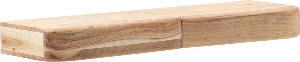 Wandregal Akazie Massivholz 80 cm mit zwei Schubladen für Flur, Gesamtansicht von vorne mit ausgezogenen Schubladen.