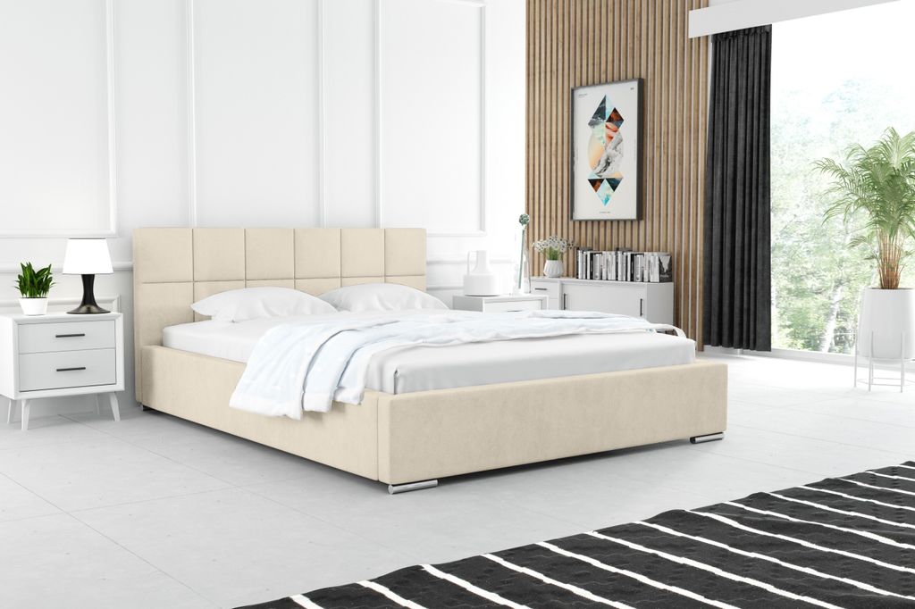 ADIDAR Leon Polsterbett 180x200cm Doppelbett Metal - Holzrahmen mit hydraulischen Bettkasten, Lattenrost, Kopfteil (Creme - Amor Velvet 4323)