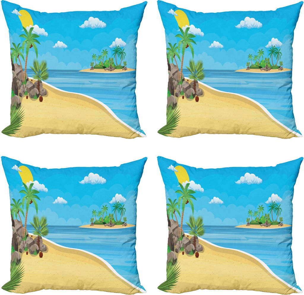 ABAKUHAUS Insel-Party Kissenbezug Set (4 Stück), Palms Rock Sand Sun, Moderner Doppelseitiger Digitaldruck, 40 cm x 40 cm, Mehrfarbig