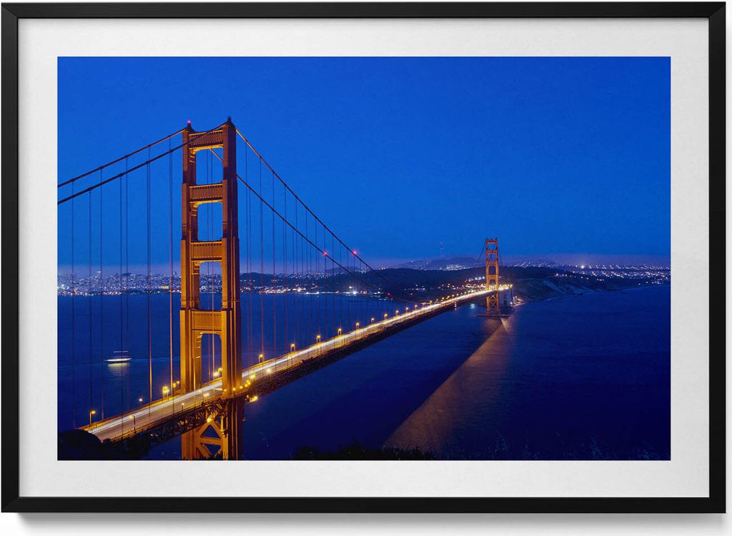 Blick auf die Golden Gate Bridge– Wandbild mit Rahmen – Gerahmtes Bild – Wanddekoration – 100x70 cm – Schwarz Rahmen