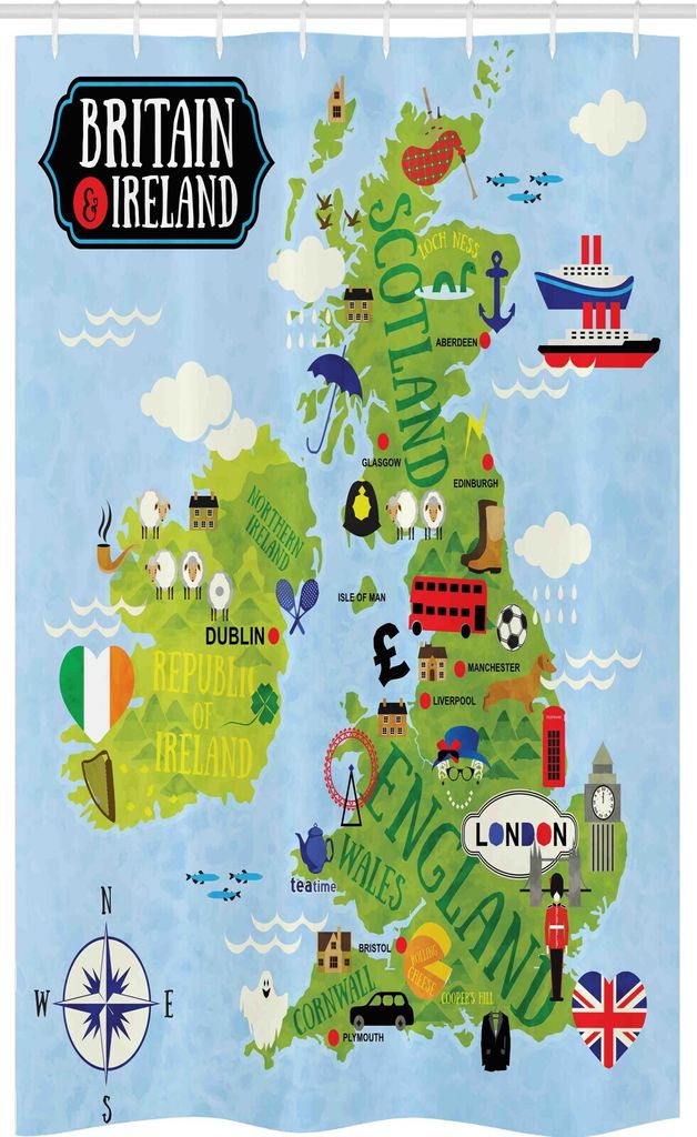 ABAKUHAUS Karikatur Schmaler Duschvorhang, Landkarten von Großbritannien Irland, Badezimmer Deko Set aus Stoff mit Haken, 120 x 180 cm, Blassblau ...