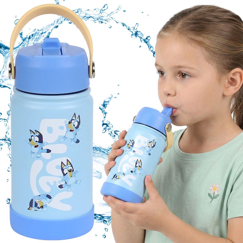 BLUEY Edelstahl-Trinkflasche mit Trinkverschluss und Griff, 350 ml, für Mädchen