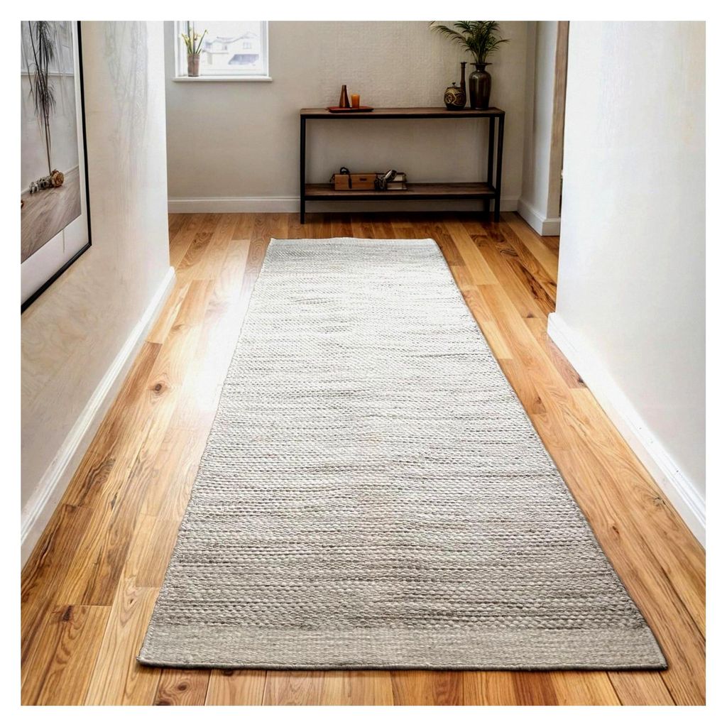 Teppich Wohnzimmer Läufer Flur 200 x 80 cm Wollteppich Strickteppich Webteppich Natur weiß Creme Boho Stil