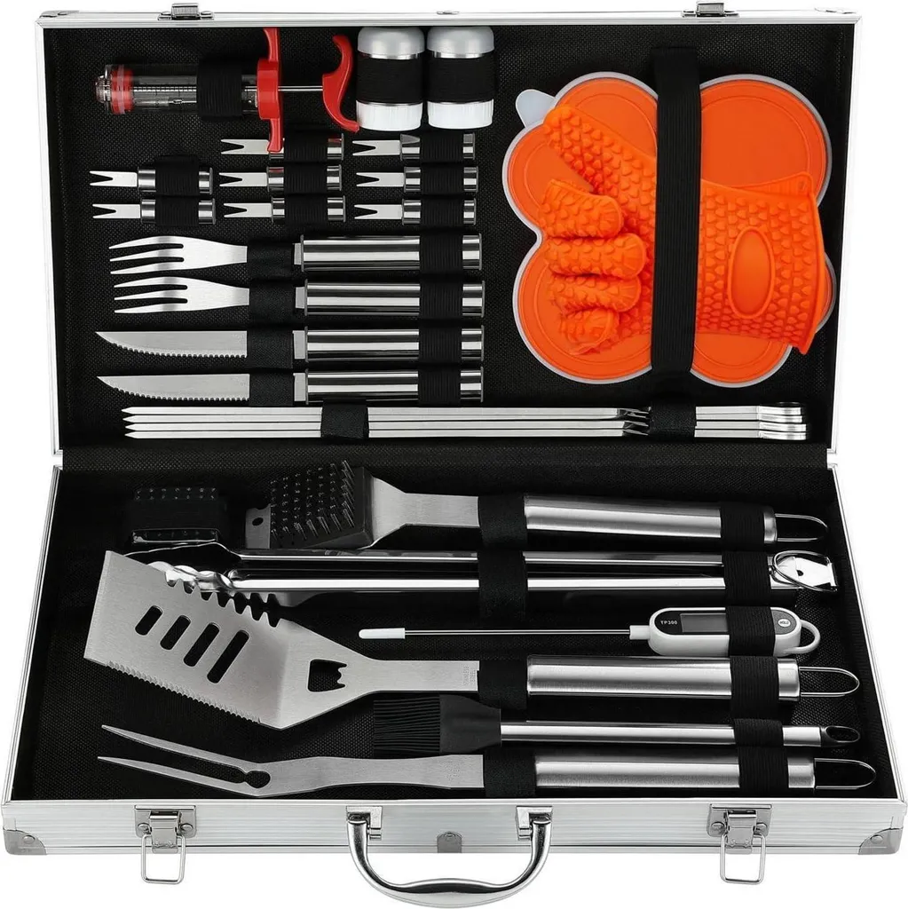 Mallette de 30 accessoires barbecue en acier inoxydable argenté