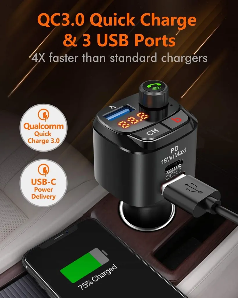 Trasmettitore Auto Bluetooth Nero - Chiamate Vivavoce e MP3 Player - 2