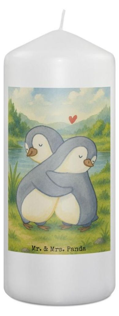 Mr. & Mrs. Panda Kerze Pinguine Kuscheln Design 19 x 8 cm - Weiß - Geschenk, Blockkerze, Stumpenkerze, Bedruckte, Freund, Erinnerungslicht, für F...