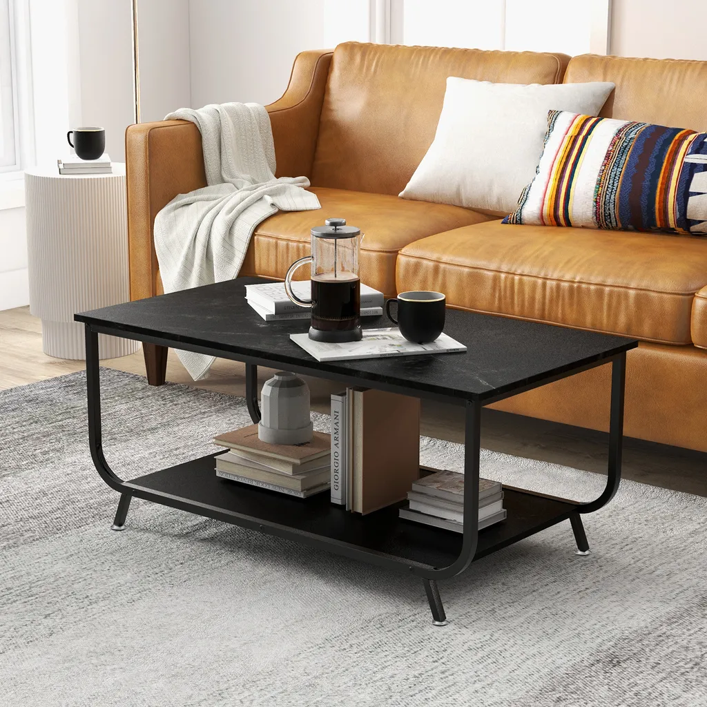 Table de salon rectangulaire noire style marbre avec double plateau - 2