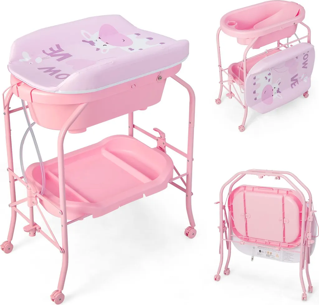 Table à langer 4 en 1 COSTWAY avec baignoire et roues, 35kg Max Rose