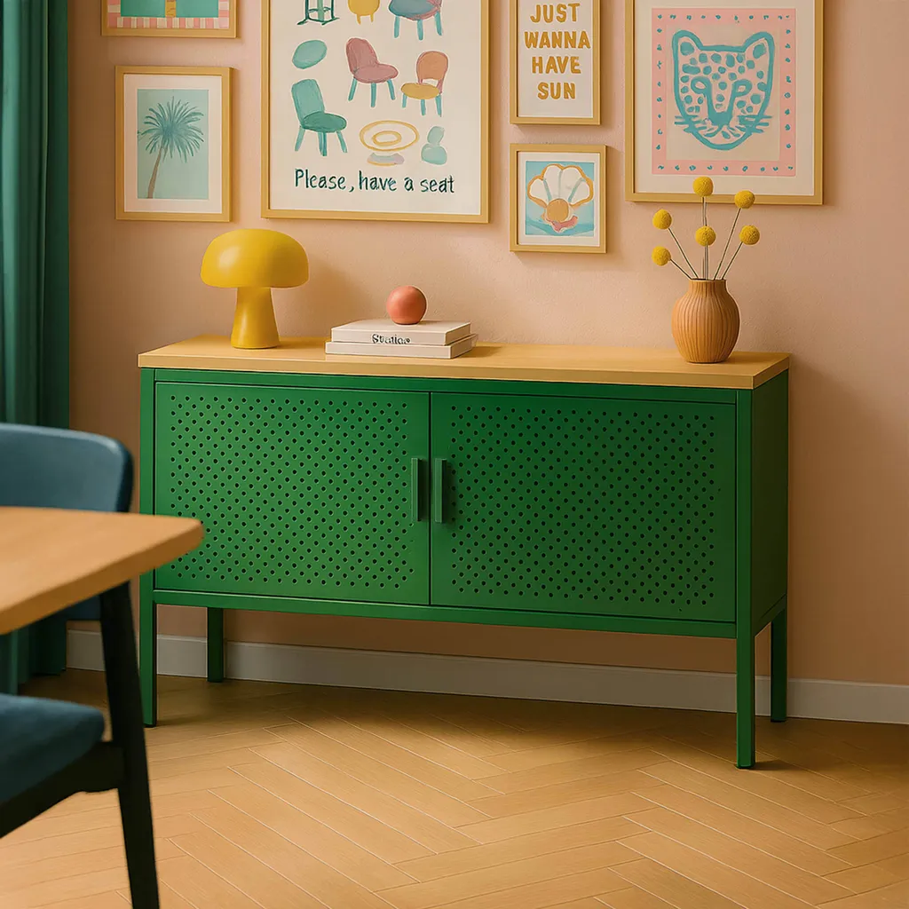 Buffet bas 100 cm métal vert rangement robuste pour petit appartement - 2