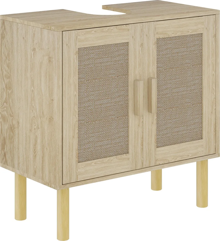 Meuble sous lavabo chêne 60x30x60 cm avec portes en rotin tressé