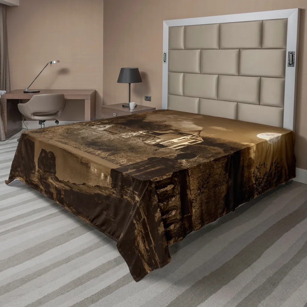 ABAKUHAUS Lenzuolo gotico, foto di una vecchia casa medievale in stile retrò vintage con luna piena in stile boho, lenzuolo morbido e confortevole per un letto decorativo 1 pezzo 275 cm x 260 cm, marrone