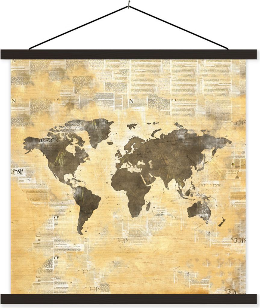 MuchoWow Textilposter Weltkarte - Aquarell - Vintage 90x90 cm mit schwarzem Rahmen - Magnetisches