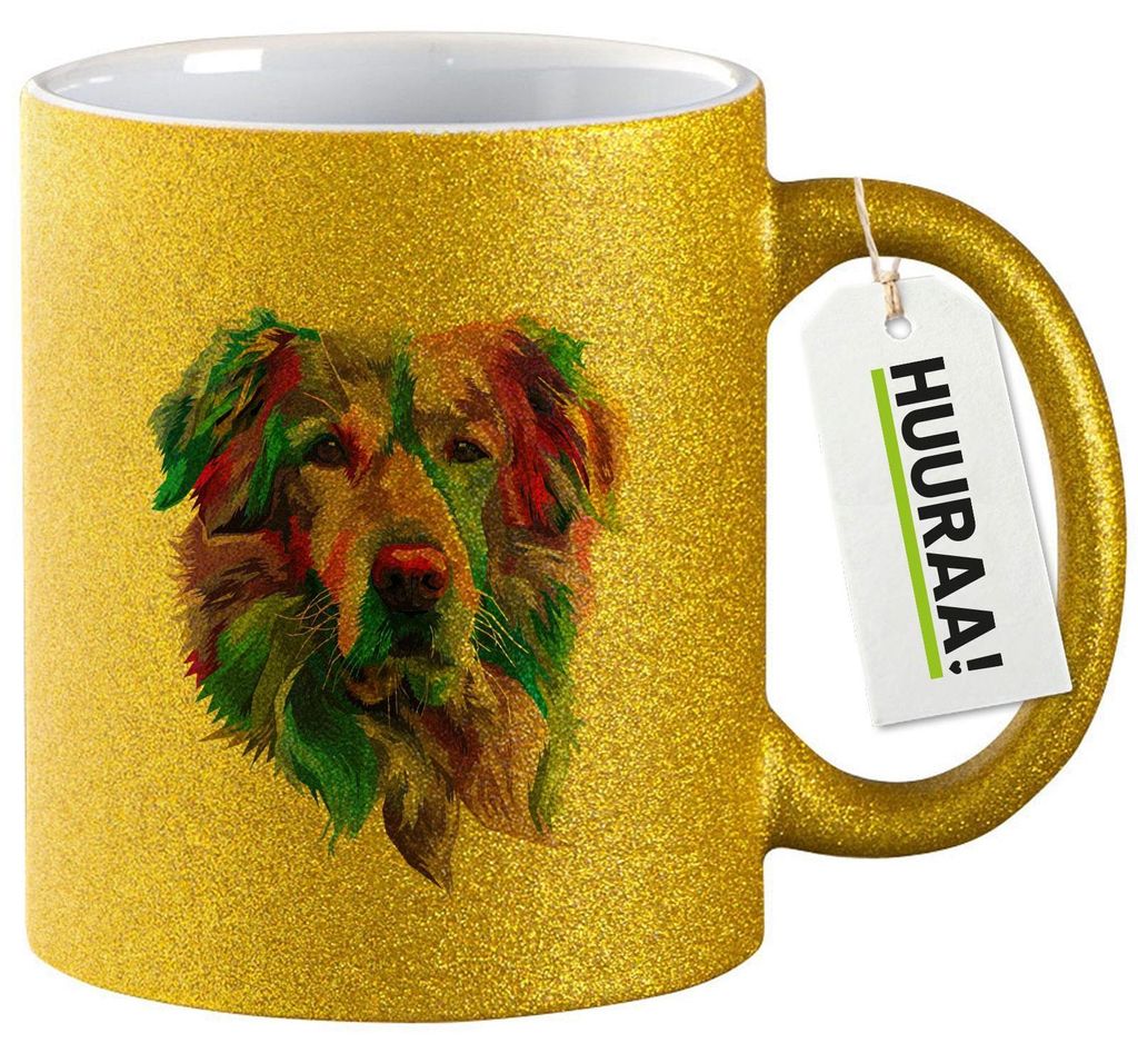 Huuraa Glitzertasse Golden Retriever Colorful 330ml Gold Keramik Kaffeebecher Geschenkidee
