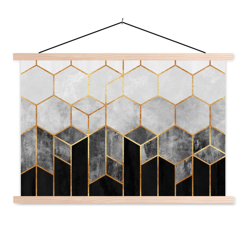 MuchoWow Textilposter Gold - Sechseck - Chic - Muster - Luxus 150x100 cm mit holzfarbenen Rahmen - Posters