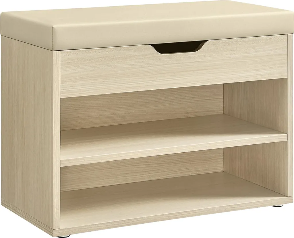 Meuble à chaussures avec assise rembourrée coloris beige et naturel