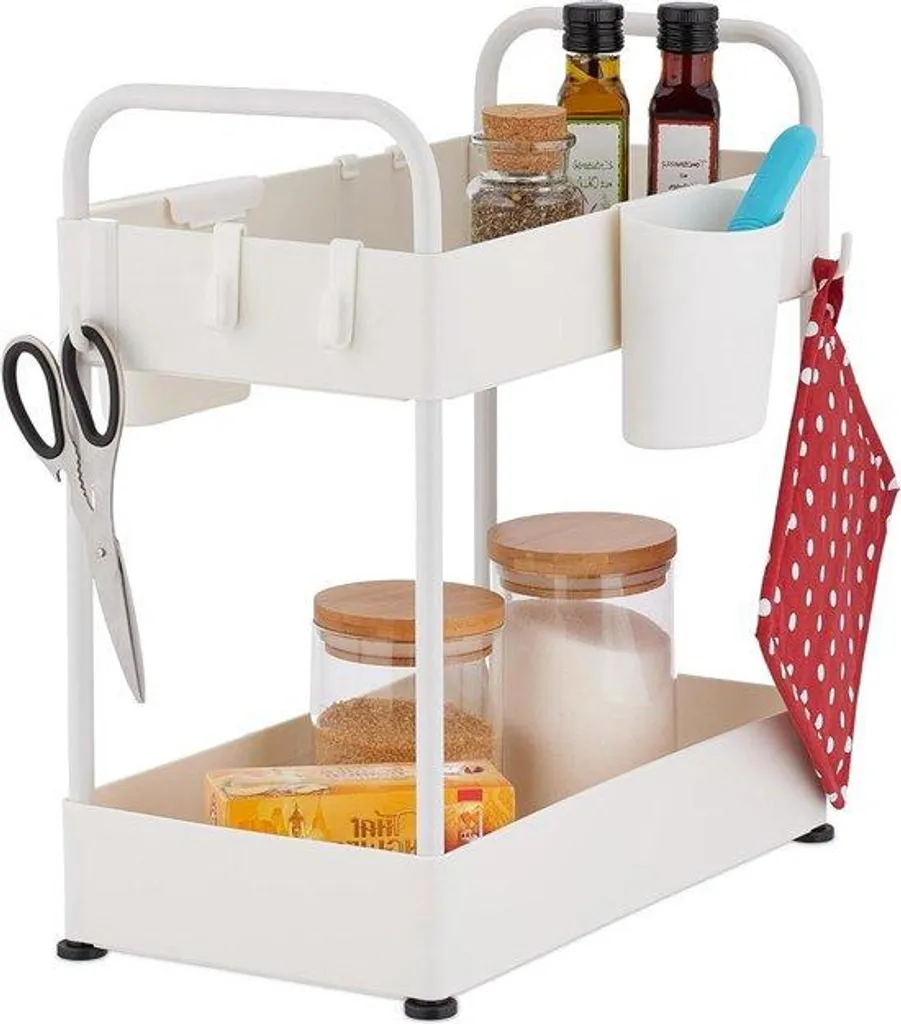 Organisateur de cuisine à 2 niveaux blanc et 6 crochets rangement évier