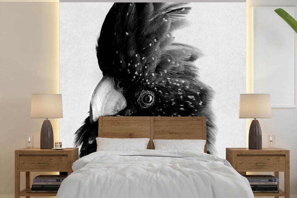MuchoWow Fototapete für Wohnzimmer oder Schlafzimmer Wandtapete Vinyl Motivtapete Nahaufnahme eines Kakadus vor einem grauen Hintergrund - schwa...