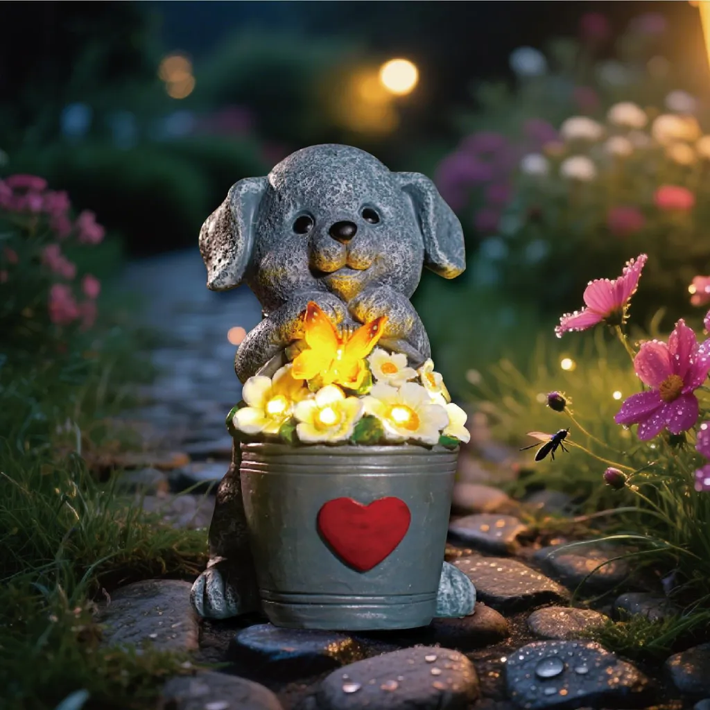 Éclairez votre Jardin sans Fil avec cette Statue Chien Solaire Étanche 17cm