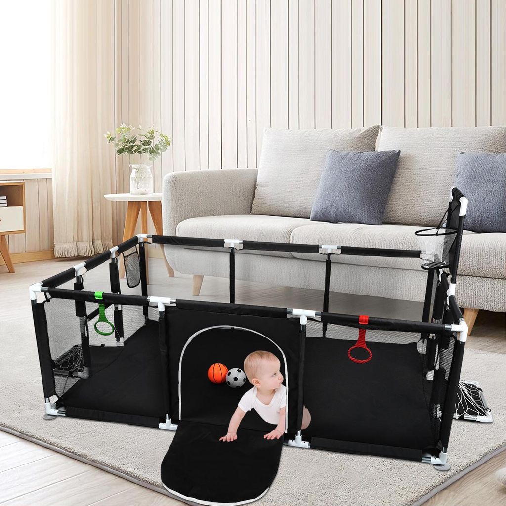 Laufstall Baby 180x120cm,Laufgitter Schutzgitter mit Rutschfester Basis und Atmungsaktivem Netz,Große Sicherheitsspielplatz mit Basketballkorb Sch...