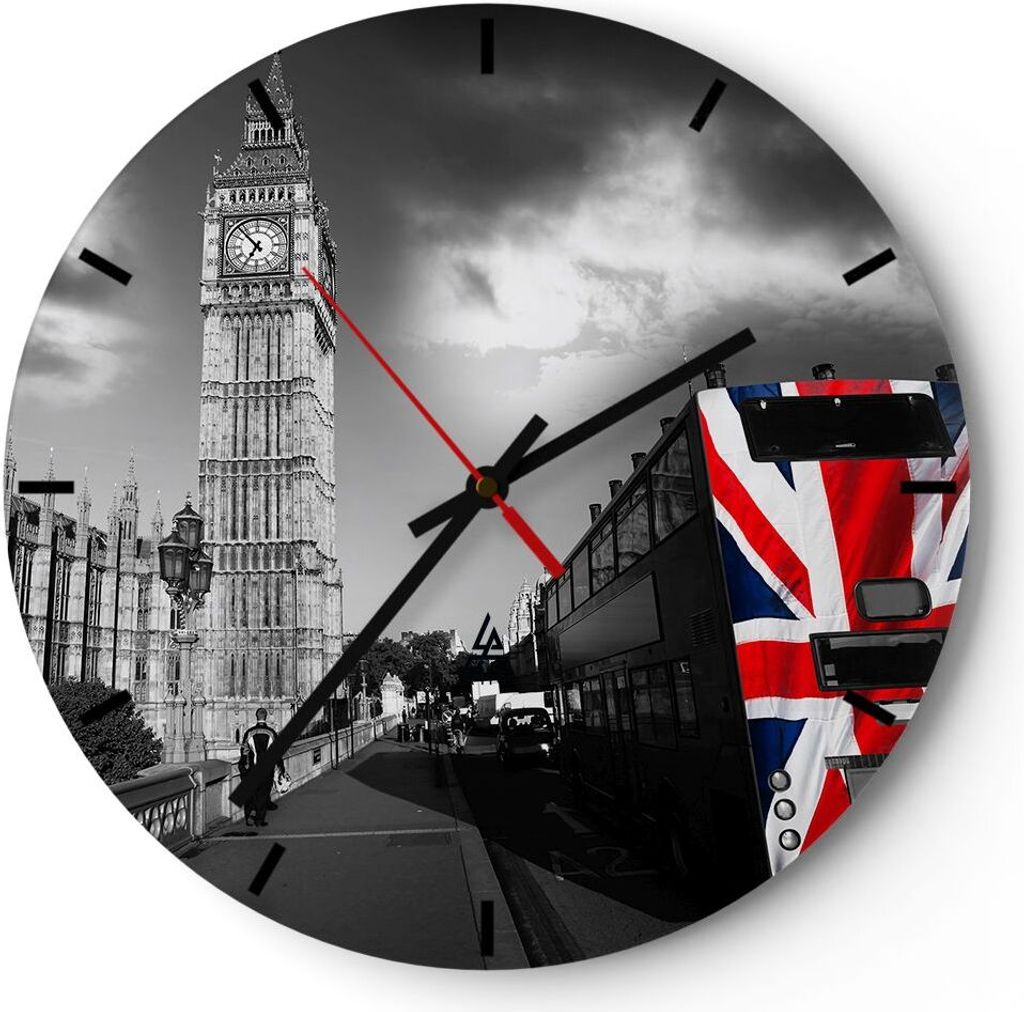 Wanduhr - Rund - Glasuhr - Bus London Big Ben Gebäude - 30x30cm - Schleichendes Uhrwerk - Lautlos - zum Aufhängen bereit - Dekoration Modern - Wa...