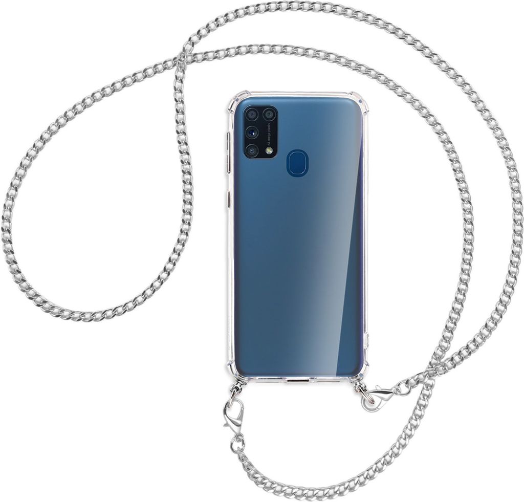 Handykette Backcover-Schutzhülle mit Band (Metall silberfarben) für Samsung Galaxy M31 - silberfarbene Kette