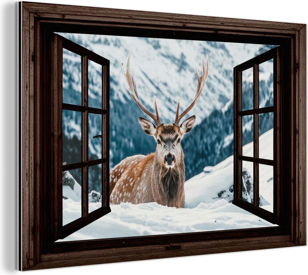 MuchoWow Wanddekoration Metall Metallbild Wandkunst 150x100 cm Hirsche - Landschaft - Winter - Natur - Tiere - Ansichten - Berge MuchoWow Aluminium...