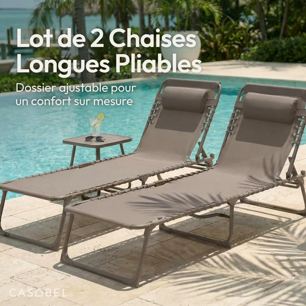 Transats Pliants pour Terrasse et Piscine Taupe - Pack de 2 Chaises CASABEL - 3