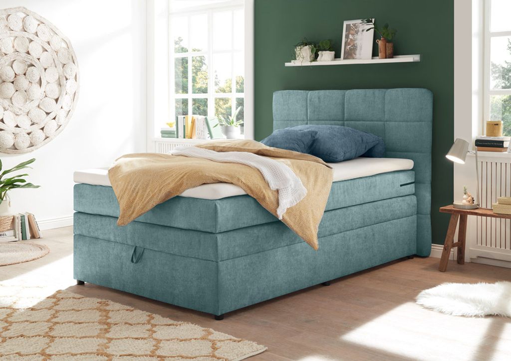 Boxspringbett 120x200 cm Jugendbett mit Bettkasten TEREZIN-09 Hotelbett in Uran denim