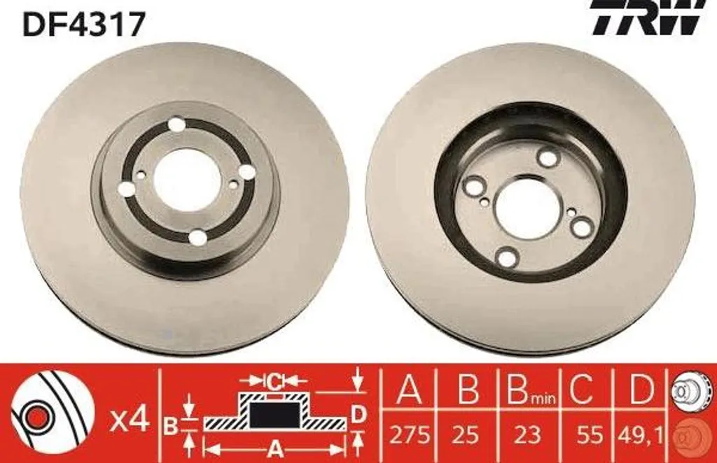 Disque de frein ventilé TRW DF4317 pour système de freinage Corolla
