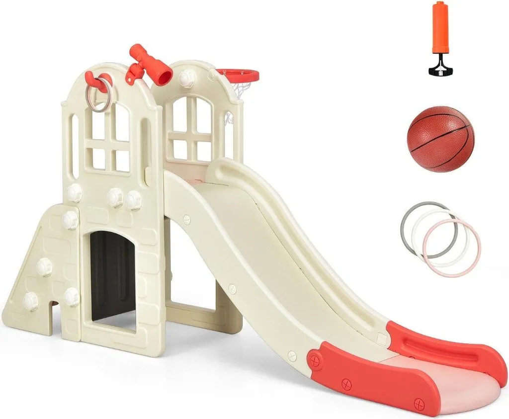 Toboggan d'escalade rose avec panier de basket et anneaux 189x83x98 cm