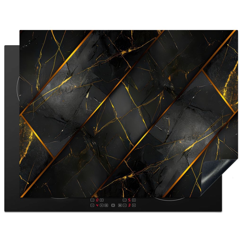 KitchenYeah Herdabdeckplatte Fliese - Schwarz - Gold - Modern , 77x59cm, Küche Deko, Glaskeramikkochfeld Herdabdeckung, Abdeckplatte fùr Kochfeld