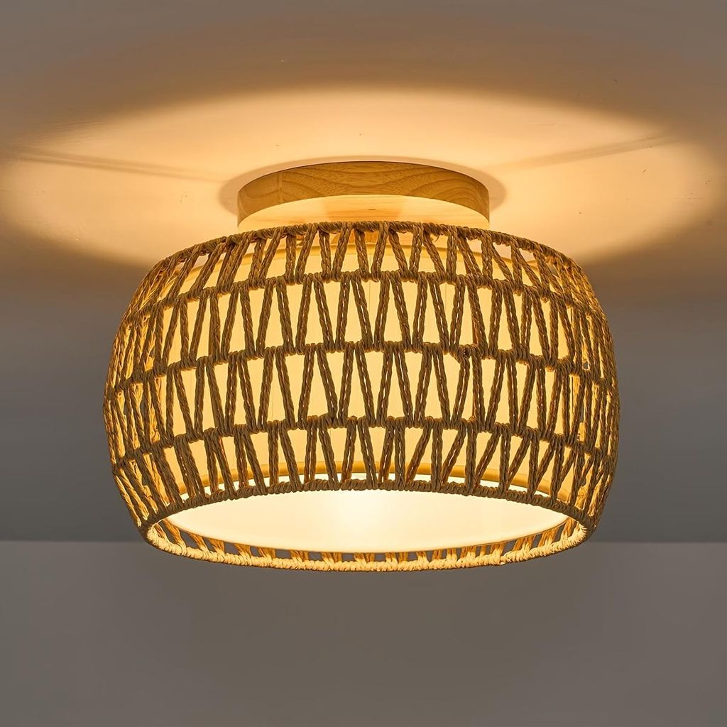 JDONG Deckenleuchte Rattan Deckenleuchte Boho Vintage mit Rattan Lampenschirm Hängelampe E27 Vintage Deckenlampe Für Wohnzimmer Schlafzimmer Essz...