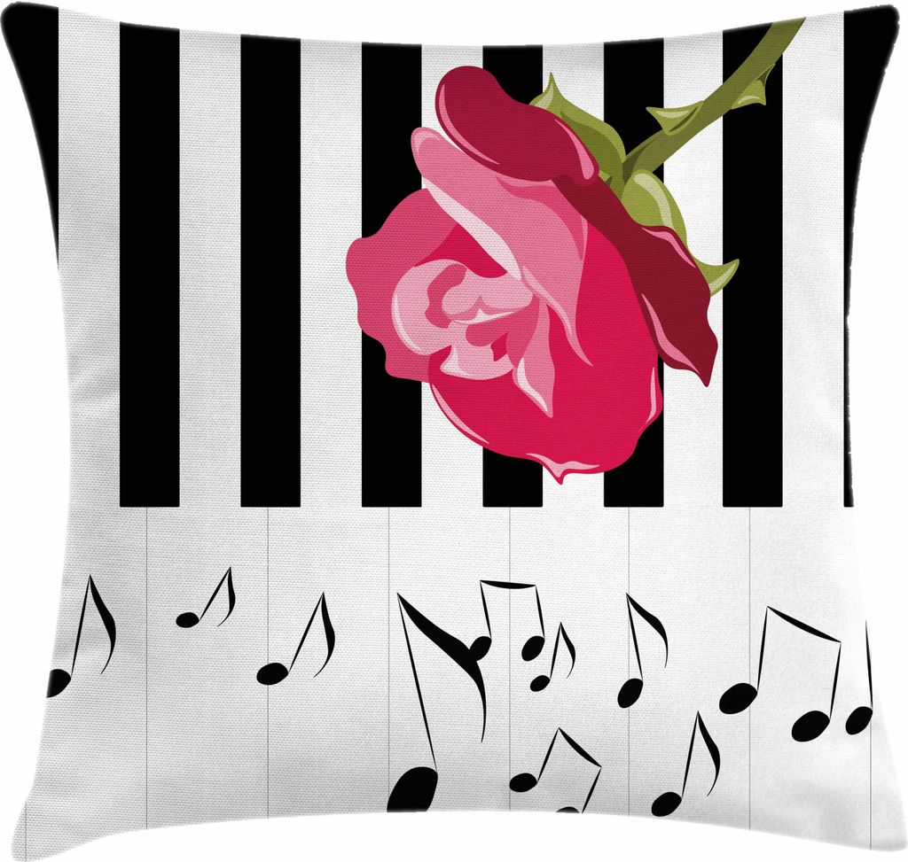 ABAKUHAUS Modern Kissenbezug, Hand gezeichnete rote Rose auf Klavier mit musikalischen Anmerkungen Romantische Instrumental Art, 40 x 40 cm, Schwar...