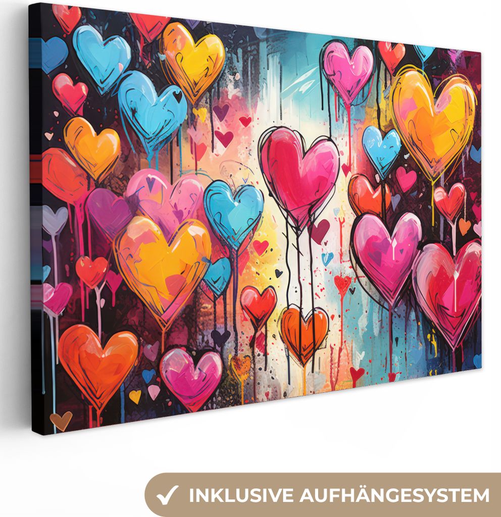 Leinwandbilder 30x20 cm - Graffiti - Herzen - Farben - Kunst - Liebe, Bilder Wohnzimmer Modern, Wanddeko