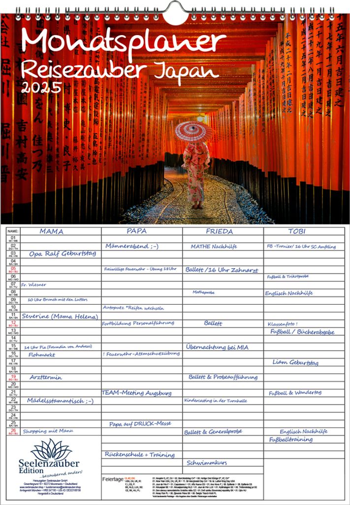 Reisezauber Japan Planer Wandplaner Familienplaner 4 Spaltenplaner DIN A3 Kalender für 2025 Japan Tokio Stadt Reise Land Urlaub - Seelenzauber