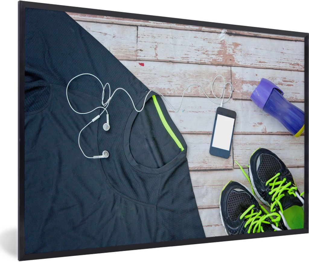 MuchoWow Gerahmtes Poster Das Sportshirt und die Schuhe sind bereit für ein Fitnesstraining 60x40 cm - Poster mit Schwarzem Bilderrahmen Wandpos...
