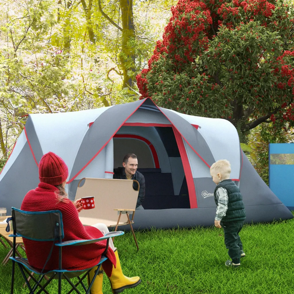 Tente de camping familiale 5-6 places grise pour aventures en extérieur