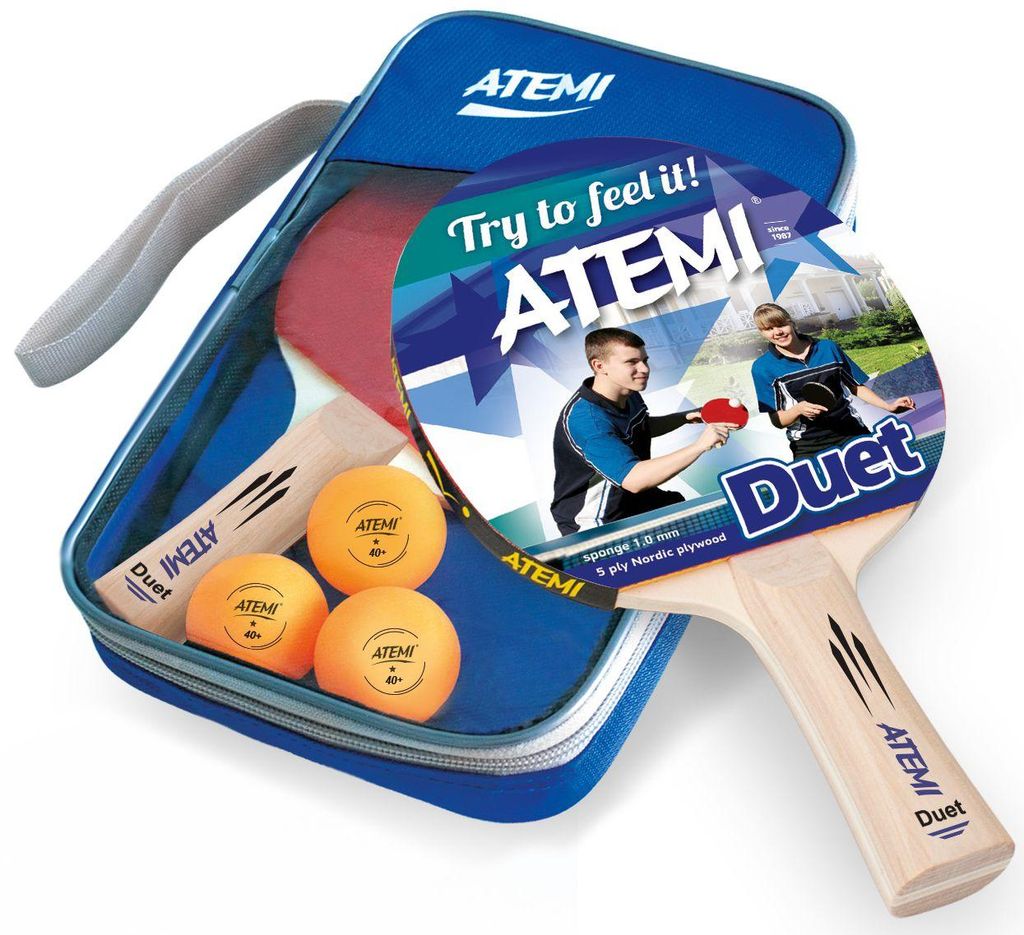 Atemi Tischtennis Set Duet 2 Schläger mit 3 orangefarbenen 1-Stern Bällen