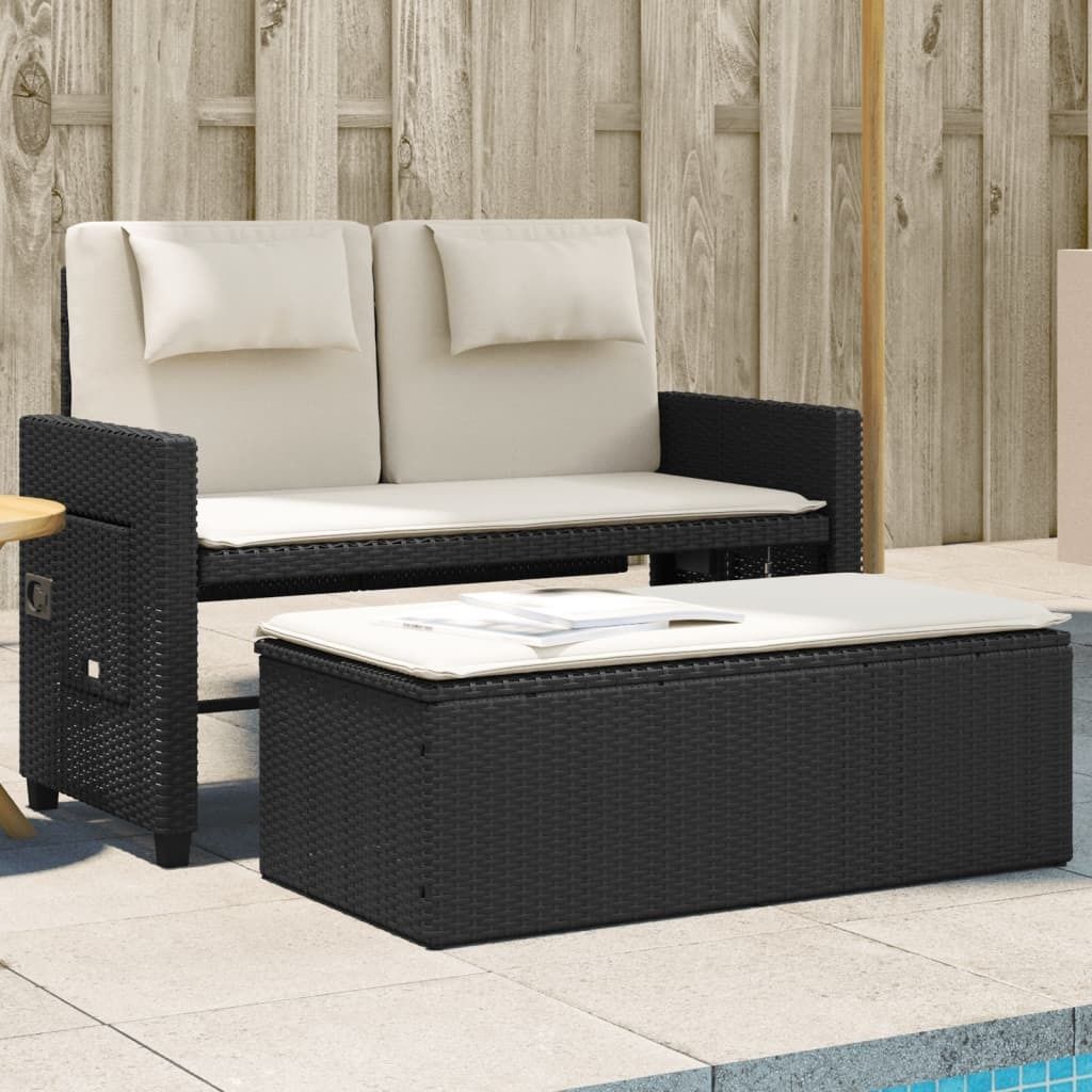 CLORIS Gartenbank Verstellbar mit Kissen Schwarz Poly Rattan 2024