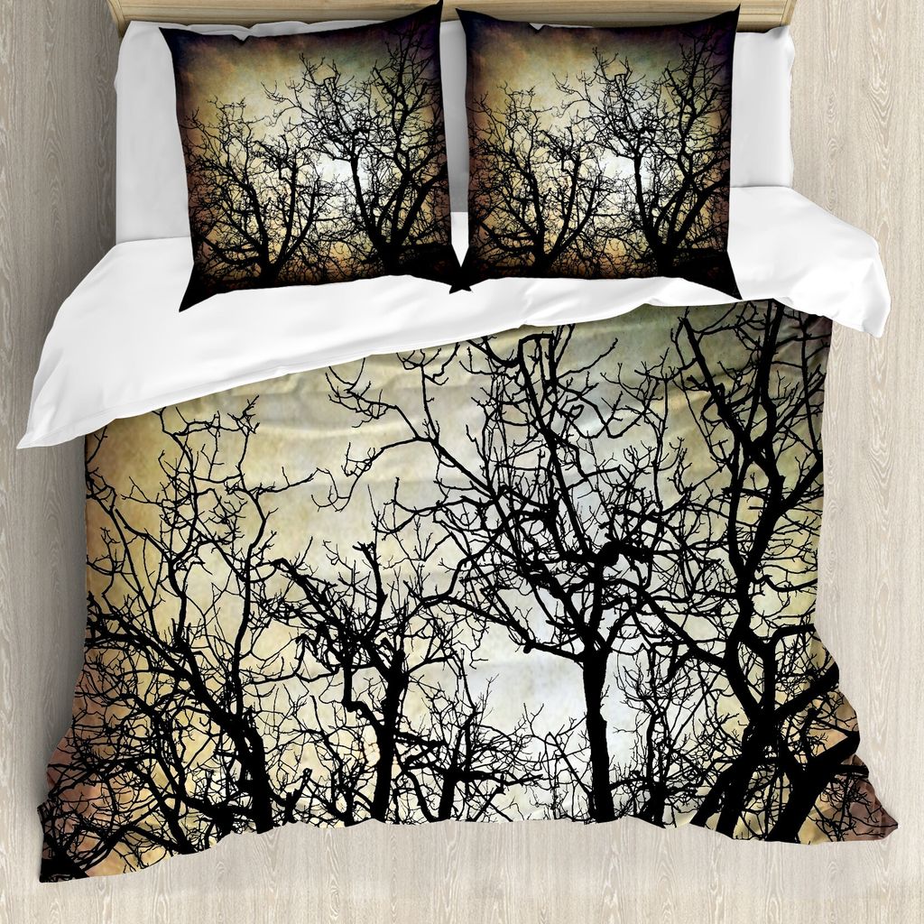 ABAKUHAUS Grusel Bettbezug, Grunge Zweige Dämmerung, Milbensicher Allergiker geeignet mit Kissenbezügen, 155 cm x 220 cm - 80 x 80 cm, Sepia Schwarz