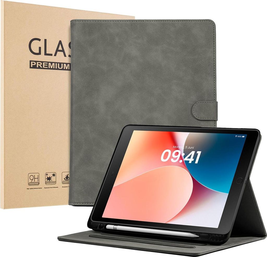 LBH Tablet Schutzhülle + 2x 9H Display Glas für Apple iPad 7. 8. 9. Gen 10.2 Zoll Cover Case Schutz Tablet Farbe: Grau