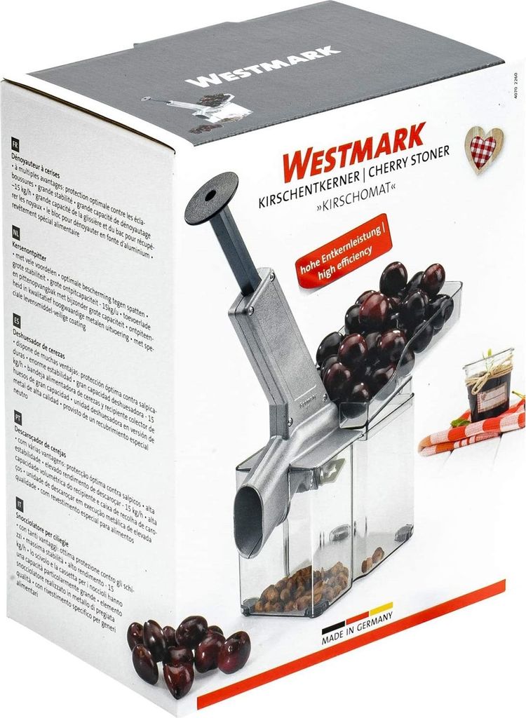 Westmark Kirschenentkerner mit schräggestellter Schütte und großer Kernkassette, Höhe: 33,3 cm, Kunststoff/Edelstahl/Aluminium, Kirschomat, Sil...