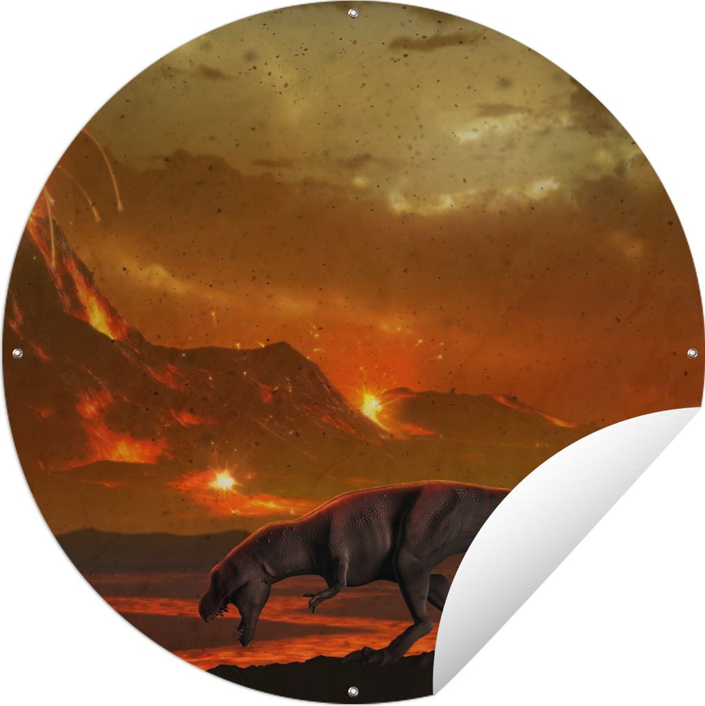MuchoWow Gartenposter Outdoor-Poster Rund Dino - Vulkan - Lava - Illustration - Jungen - Kinder Ø 90 cm Gartendeko Rundes Poster draußen