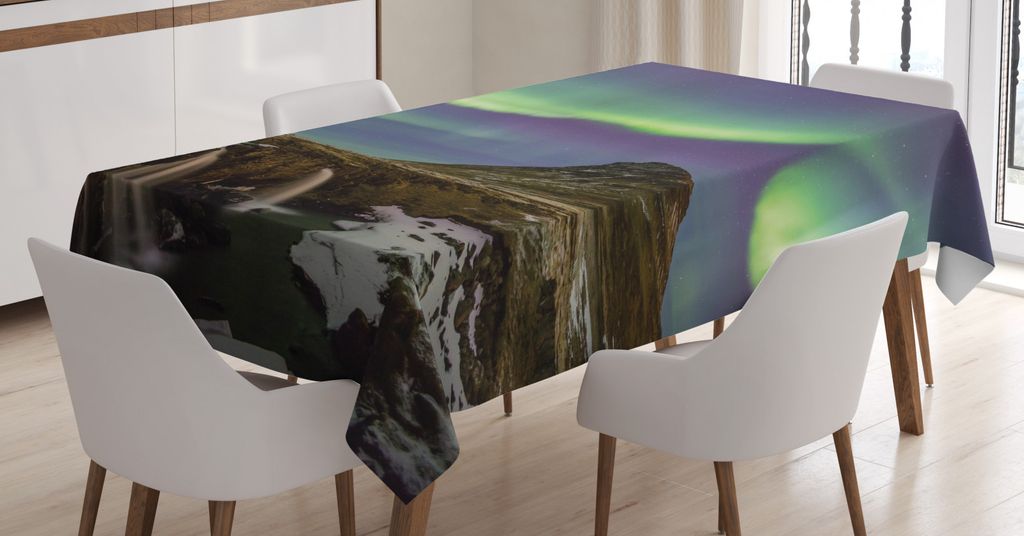 ABAKUHAUS Nordlicht Tischdecke, isländische Landschaft, Inn und Outdoor Bereich geeignet Waschbar Druck Klare farben Kein Verblassen, 140 x 240 cm...